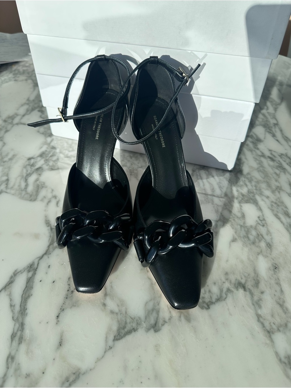 Scanlan Theodore Black Leather Chain Detail Ankle Strap Pumps Square Toe Made in